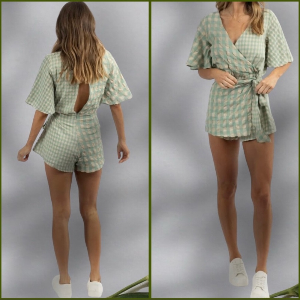 Day + Moon New Talulah Gingham Wrap Romper Green/Natural Check Size S